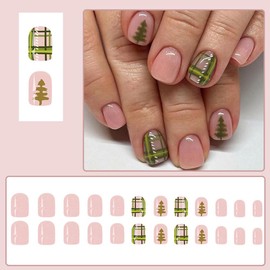 24 Pcs Christmas Press on Nails Short Square - MINGCHUN Fake Nails Glossy False Nails with Christmas Tree Plaid Design Acrylic Nails Full Cover Cute Glue on Nails for Women Christmas Nails Press on
