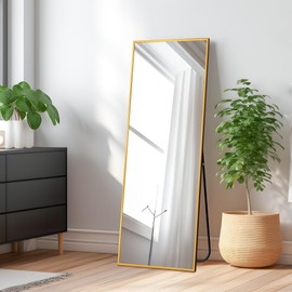 KIAYACI Full Length Floor Mirror with Stand 43"x16" Large Wall Mounted Full Body Mirror Horizontal/Vertical Bedroom Mirror Dressing Mirror Aluminum Alloy Frame Gold