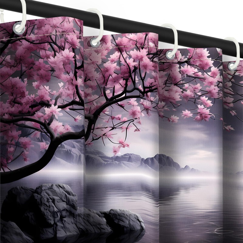 Yieldeer Japanese Shower Curtain Asian Cherry Blossom Bathroom Decor Mountain