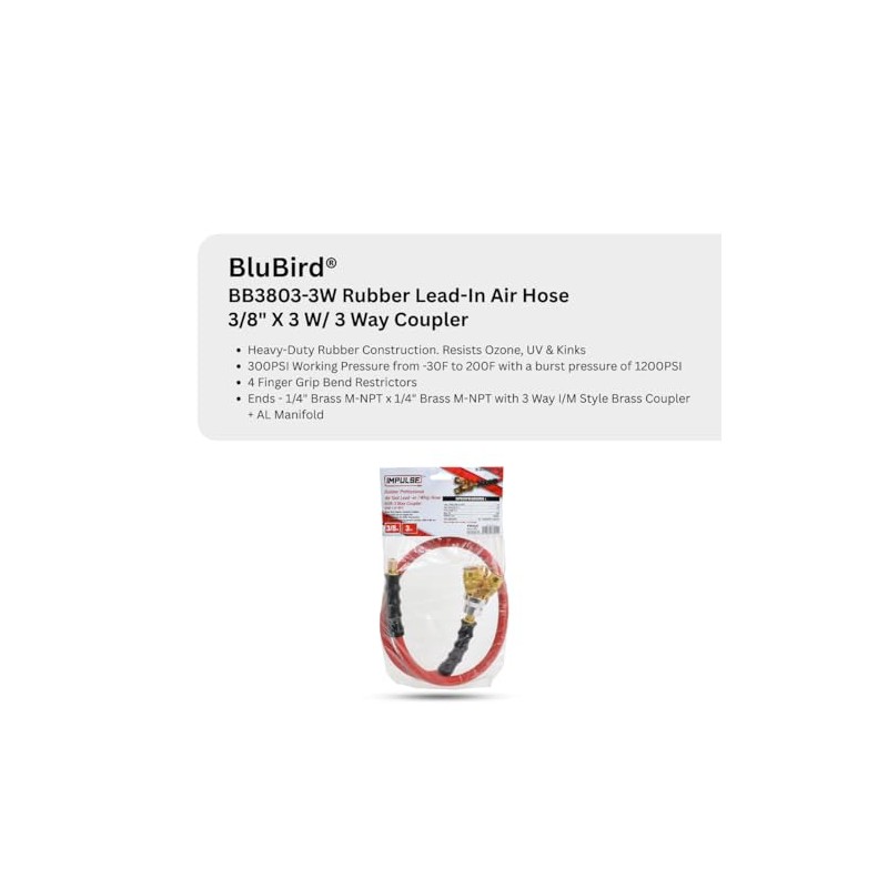 BluBird RB3803-3W 3/8" x 3' Lead-in Rubber Air Hose with