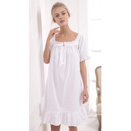 Womens Nightdress 100% Cotton Nightwear Sleepwear Victorian Vintage Nightgown Pajamas Sleep Shirt (White-short, M)