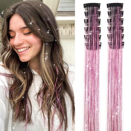 Hair Tinsel Pack of 12 Pcs Clip in Hair Tinsel 19 Inch Glitter Pink Tinsel Hair Extensions, Festival Tinsel Fairy Hair Extension Party Dazzle Hair (12Pcs,Pink#)