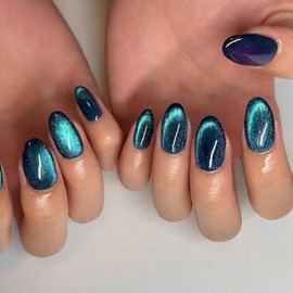 24Pcs Short Oval False Nails - Blue Cat Eye Press On Nails - Removable Full Cover Fake Acrylic Stick on Nails for Women Girls Manicure Gift Set