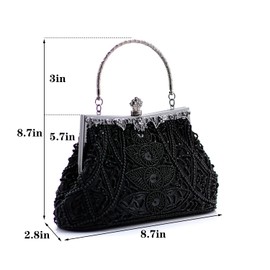 DA BODAN Womens Evening Bag Vintage Beaded Sequin Pearl Clutch Handbag Shoulder Bag Purses for Wedding Bridal Prom Party, Black, 23*22cm