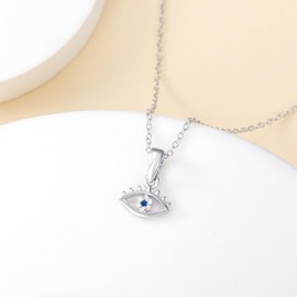 LWXIE Diamond Evil Eye Necklace S925 Sterling Silver Evil Eye Necklace Silver Evil Eye Pendant Necklace for Women 18+2Inch