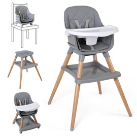 7 in 1 Baby High Chair for Babies and Toddlers with Large Storage Footrest, Booster Seat, Convertible Wooden High Chair with 3-Tier Removable Dishwasher Safe Tray, 5 Point Harness, Gray
