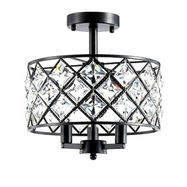 Coregreen 3 Lights E12 Modern Crystal Chandelier Black Round Semi Flush Mount Ceiling Light Fixture Farmhouse Chandelier for Dinning Room Living Room Bedroom Hallway Entryway Kitchen