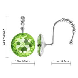 Sunlit Luxury Design Round Sage Green Diamond Crystal Gem Bling with Glide Balls Shower Curtain Hooks, Rust Proof Metal Rhinestones Glam Shower Curtain Rings-12 Pack