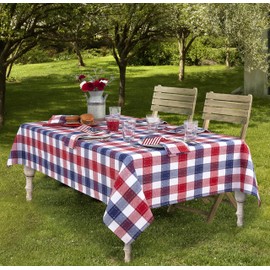 Lintex Home Bargains Plus Rectangle Fabric Tablecloth, 60 x 102 Inch, Country Plaid Americana, Heavy Weight Indoor Outdoor Fabric Table Cover, Red White and Blue, Picnic Party