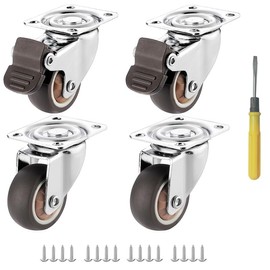 1.5 Inch Swivel Castors with Bearing Plate, Small Non-Slip Rubber Castors for Furniture and Workbench Trolleys, Set of 4, 2 with Brakes and 2 without 360° Rotation, with Screws