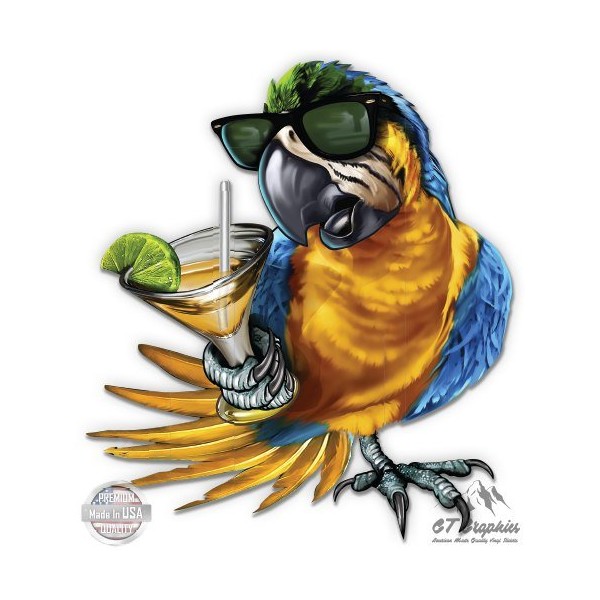 GT Graphics Blue Macaw with Drink Tropical Vacation - 20" - Large Size Vinyl Sticker - for Truck Car Cornhole Board