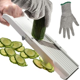 Benriner Mandolin Vegetable Slicer 64 mm 95 mm 120 mm White with Julienne Replacement Blades and Finger Guard Without Engraving + Prymo Protective Glove Size 95 mm Colour 2) with Engraving