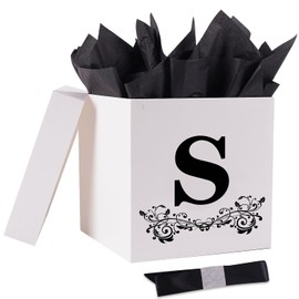Jaywayang Letter Gift Box with Lid, Ribbon and Warpping Tissue, 8.7" White and Black Gift Box for Men Women Birthday, Baby Shower, Anniversary, Wedding Party Favor Decorative (Medium Letter S)