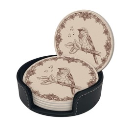 Famame 6 Pcs Leather Coasters for Drinks with Holder Vintage Sparrow Bird Coaster Sets Drink Table Cup Coasters for Living Room Kitchen Coffee Decor
