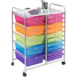 MEDIMALL 15 Drawers Rolling Storage Cart, Multipurpose Craft Storage Cart with Wheels, Mobile Tools Scrapbook Paper Organizer Cart for School Home Office Use (Rainbow)