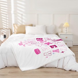 Feelyou Ice Hockey Plush Blanket Hockey Winter Sports Sherpa Blanket for Kids Boys Girls Eat Sleep Hockey Fleece Throw Blanket Pink White Fuzzy Blanket for Sofa Bed Couch,Throw 50x60 Inches