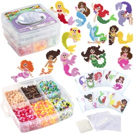SCS Direct 4,000pc Fuse Beads Mermaid w Carrier CASE - 21 Colors, 12 Unique Templates, 2 Peg Boards, Tweezers, Ironing Paper, Case, Works w Perler, Bulk Art Craft Project, Kids Birthday Party Gift