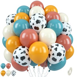 Cow Print Balloons, 50 Pcs Cow Party Balloons, 12 Inch Retro Yellow Pink Sea Blue Balloons Ivory White Latex Balloons for Cowgirl Cowboy Western Farm Rodeo Theme Birthday Party Baby Shower Decorations
