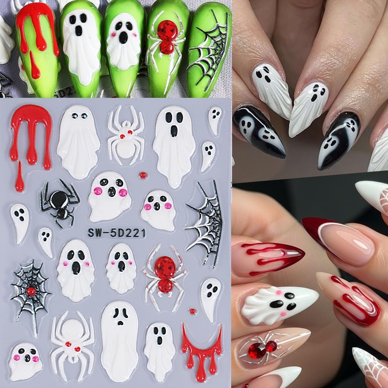 Halloween Ghost Embossed Nail Sticker 10PCS 3/5D Self Adhesive Nail