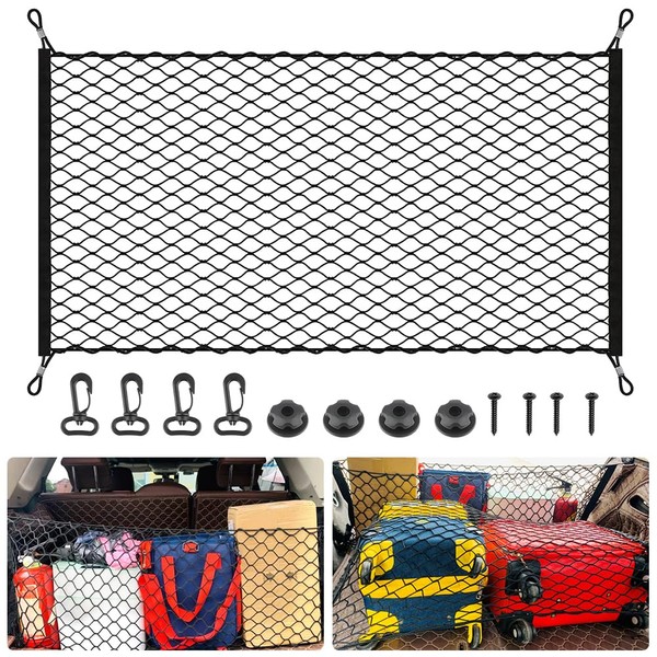 mizikuu Car Luggage Net, 110 x 60 cm, Elastic Rear Luggage Nets, Car Boot Net, Adjustable Rear Cargo Nets with 4 Hanks, Car Interior Accessories, Organiser for Most Vehicle Types