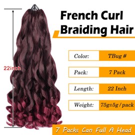 French Curl Braiding Hair Pre Stretched 22 Inch Bouncy French Curly Braiding Hair Loose Wavy Ombre 99j Burgundy French Curl Crochet Braids Hair for Women (7 Packs, 1B/Bug#)