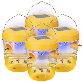 Wasp Traps Outdoor Hanging, Solar Bee Trap 4 Packs, 2025 Upgrade Wasp Deterrent Killer, Carpenter bee Catcher for Outside, Flying Insect Traps Reusable Yellow Jacket Hornet Catchers with LED Light
