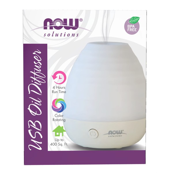 NOW Essential Oils, Ultrasonic USB Aromatherapy Oil Diffuser, Extremely Quiet, Heat Free, and Easy to Clean, Color Changing LED Diffuser