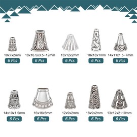 Pandahall Elite 60 Pcs In 1 Box 10 Different Shape Tibetan Style Bead Caps, Alloy & Brass & CCB Bead Caps For Jewellery Making, Antique Silver Color,Mixed size