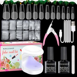 NINGESHOP 600 Pieces Fake Nails Tips Starter Set, Nail Tips and Glue Gel Kit, Soft Gel Full Cover Nail Tips, 12 Sizes Fake Nails Transparent, Gel x Nail Extension with Mini Nail Lamp, Nail Files