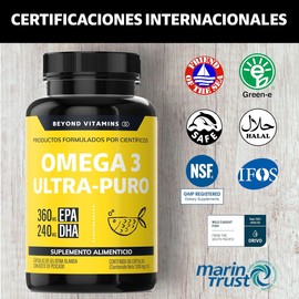 Omega 3 Premium 1000mg | Aceite de Pescado como TG | Alta Pureza y Concentración con Certificados Internacionales | Suplemento Alimenticio Beyond Vitamins - 60 cápsulas