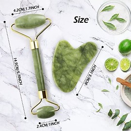 GeeRic Rodillo de Jade y Gua Sha,Herramienta de Masaje para Raspar,Cuarzo Antienvejecimiento,Conjunto de Piedra de Jade Facial Natural,Rodillo de Bell
