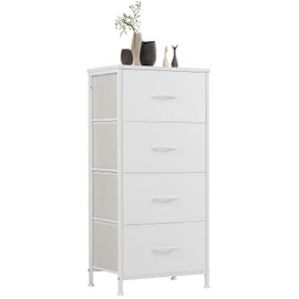 Sweetcrispy Dresser for Bedroom, Storage Drawers, Skinny Fabric Storage Tower with 4 Drawers, Tower Organizer Unit, Chest of Drawers with Wooden Top for Closet,Entryway,White