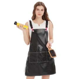 MIKI WELL PU Leather Waterproof Aprons Cross-Back Adjustable With Pockets Hair Salon Work Apron for Hair Stylist Super Light… (Black+Pink Buttons)