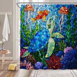 ZKJSMGS Turtle Shower Curtain,Stained Glass Blue Nautical Sea Animal Ocean Jellyfish Coral Bathroom Home Curtain Decor with Hooks,70x70 Inch