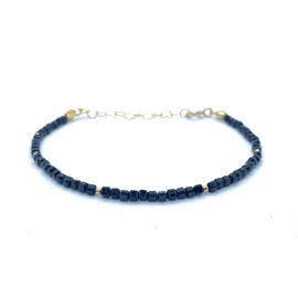 Damenarmband schwarzer Turmalin Naturstein 2 mm dick 24 Karat gelbvergoldetes Sterlingsilber verstellbar von 16 cm bis 19 cm