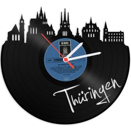 GRAVURZEILE Vinyl Record Clock - Thuringia Skyline - Wall Clock Made of Cast Vinyl with City Skyline 30 cm - Upcycling Design Clock Wall Decoration Vintage Clock Wall Decoration Retro Clock - Made in