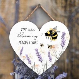 Global Designs BLOOMING MARVELLOUS BUMBLE AND LAVENDER TYPOGRAPHY WOODEN HEART HANGING PLAQUE