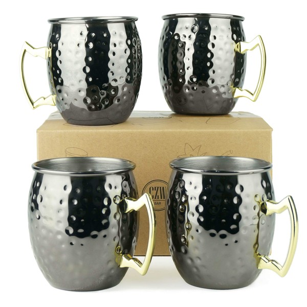 PG Black Color Stainless Steel Moscow Mule Mug - Set of 4 - Dimple Finish - Brass Handle