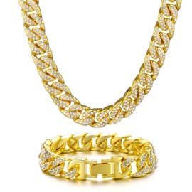 Gold Cuban Link Chain For Men Necklace Bracelet Jewelry Set Fake Diamond Iced Out Mens Bling Thick Necklaces Chains (Gold-14mm,24inch)