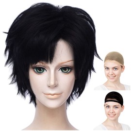 CaseEden Cosplay Wig, Male Character Short, Firm Hair, Black, Black Hair, White Mercche Wig Net Set of 2