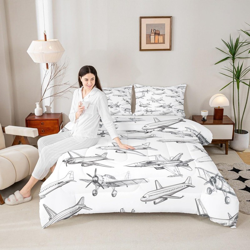 Homewish Airplane Comforter Set Queen Size Aircraft Bedding Set 3Pcs