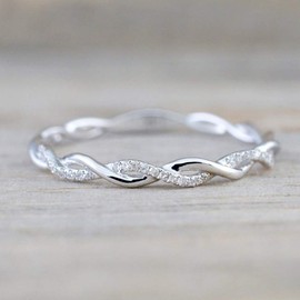 Cuteshop 925 Sterling Silver Stack Twisted Ring Twist Ring Stackable CZ Crystal Rings Wedding Party Women Matching Ring (6)
