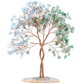 Nupuyai Green Aventurine & Aquamarine Twining Crystal Money Tree with Agate Slice Base, Love Stone Tree Ornament Fengshui Figurines for Home Office Wedding Decor