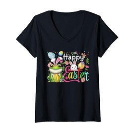 Womens Happy Easter Frog Cosplay Bunny Floral Chocolate Eggs V-Neck T-Shirt