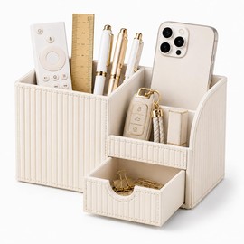 KINGFOM Luxury PU Leather Desk Organizer with Drawer, Modern Aesthetic Office Desk Accessories for Women, Multi-Compartment Pen Holder & Desktop Storage Organizer for Home Office, Cream White