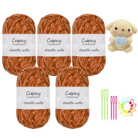 Coopay Chenille Wool for Crocheting, 5 x 100 g, Velvety Chenille Yarn, Fluffy Soft Chenille Yarn, Chenille Wool with Crochet Accessories, Soft Plush Wool Crochet Yarn for Blankets, Scarves - Orange