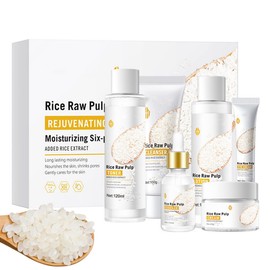 Skincare Set, 6pcs Rice Raw Pulp Korean Skin Care Sets & Kits for Women Teenage Girls Gifts with Cleanser Toner Eye Cream Essence Emulsion Face Cream Gift Set for Hydrating Skin
