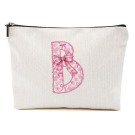 Pink Bow B, Alphabet Makeup Bag for Women, Washable Travel Organizer Toiletry Cosmetic Bag, Coquette Bow Letter Pattern Large Capacity Makeup Pouch with Zipper, Christmas Gifts for Women