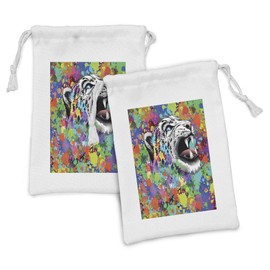 Ambesonne Psychedelic Fabric Pouch Set of 2, Roaring Leopard in Watercolors with Brush Stroke Effects Animal Picture, Small Drawstring Bag for Toiletries Masks and Favors, 9" x 6", Multicolor