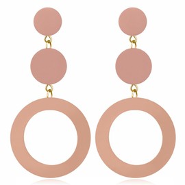 Bohemian Simplicity Wooden Geometry Three Circle Hollow Lightweight Dangle Drop Earrings Natural Contrasting Color Stud Earrings For Women Jewelry Gifts (Pink Earring)